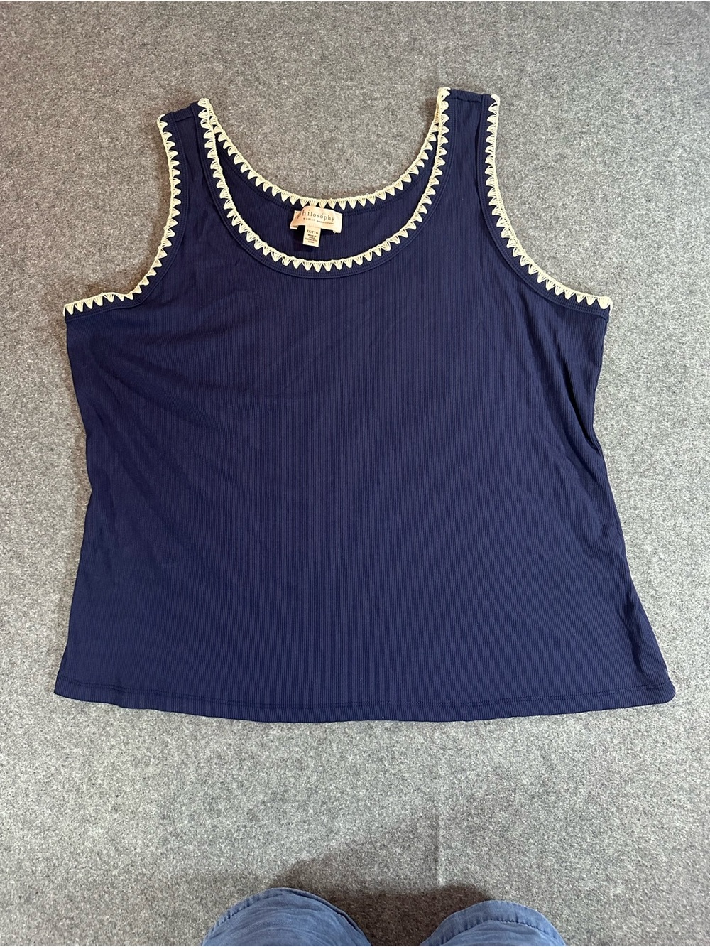 Philosophy Blue Top with Cream Scalloped Trim